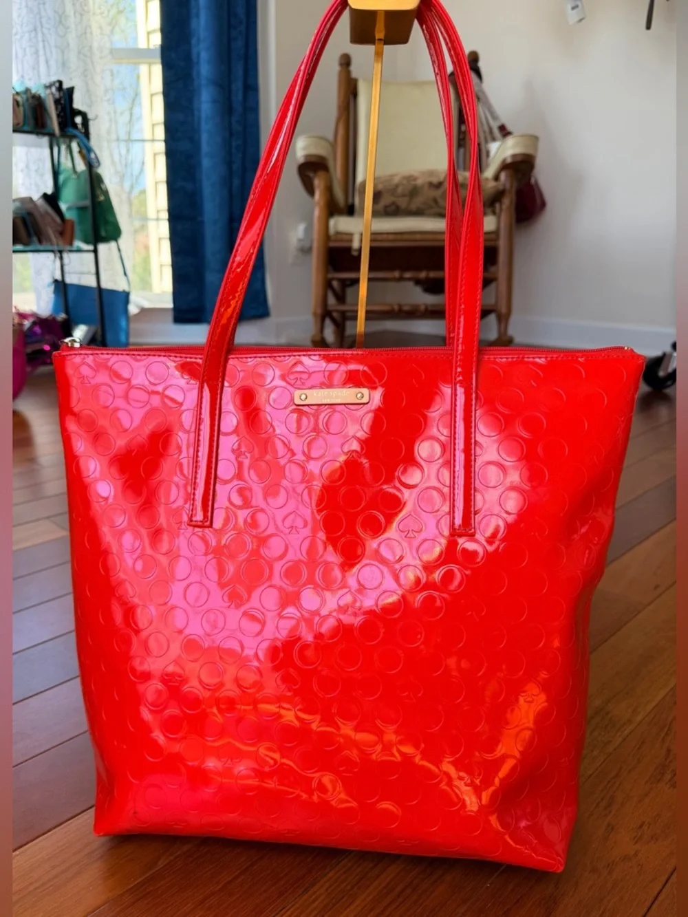 Kate Spade New York Red Patent Leather Polka Dot Tote Bag